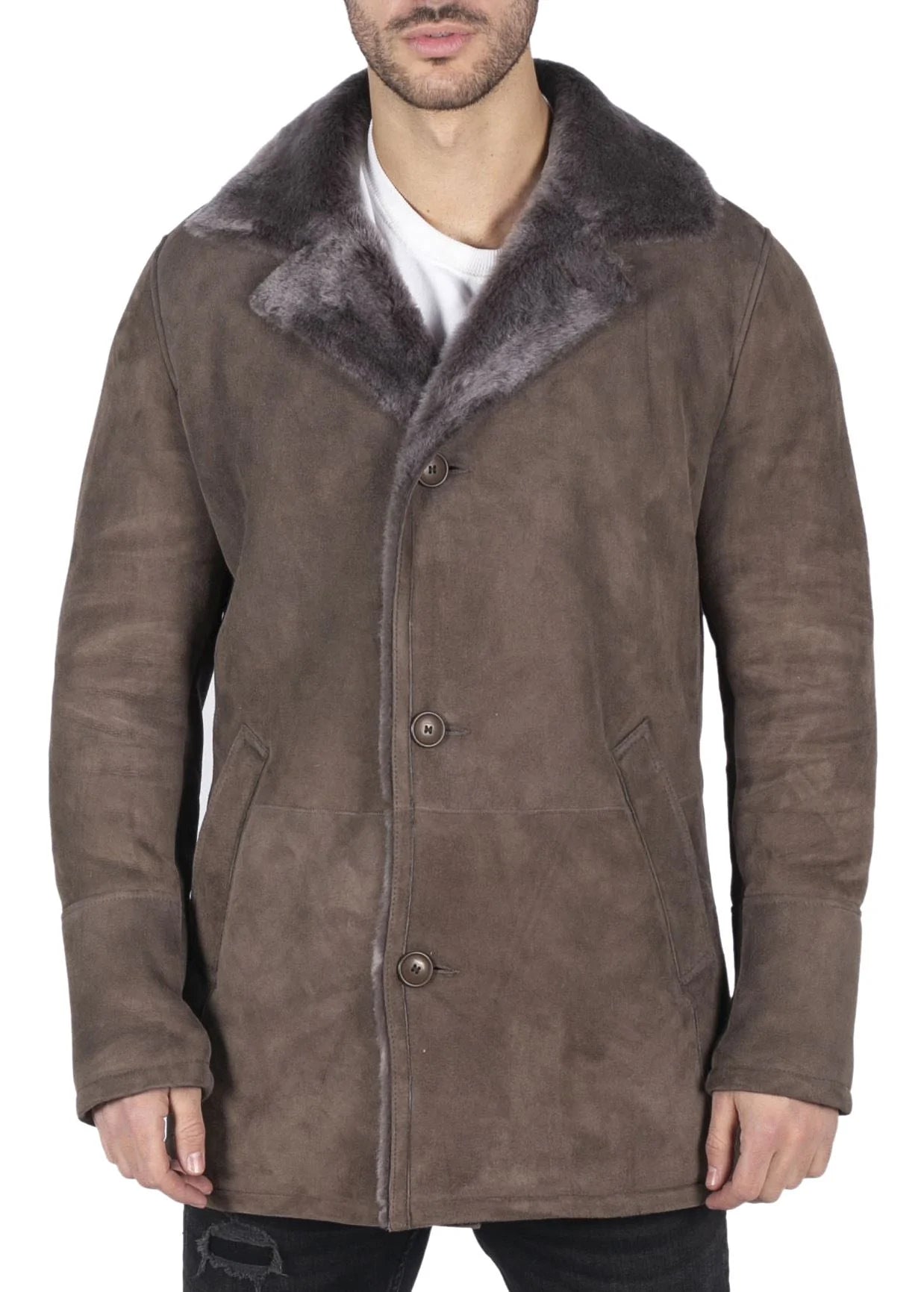 Mens Real Sheepskin Coat Beige Vintage Classic 3/4 Jacket Button Down V Neck