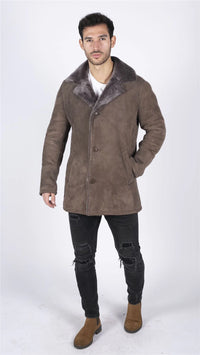 Mens Real Sheepskin Coat Beige Vintage Classic 3/4 Jacket Button Down V Neck