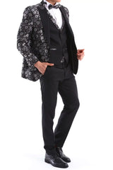 Mens Black Silver Paisley Tuxedo Suit 3 Piece Wedding Prom Party Grooms Tailored