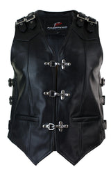 Mens Real Hide Leather Biker Motorcycle Waistcoat Vest Buckle Belted Hook
