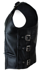 Mens Real Hide Leather Biker Motorcycle Waistcoat Vest Buckle Belted Hook