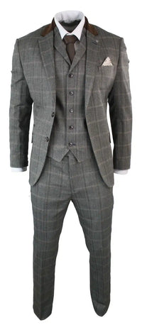 Mens Check Tweed 3 Piece Blue Navy Suit Vintage Retro Tailored Fit Prince Of Wales