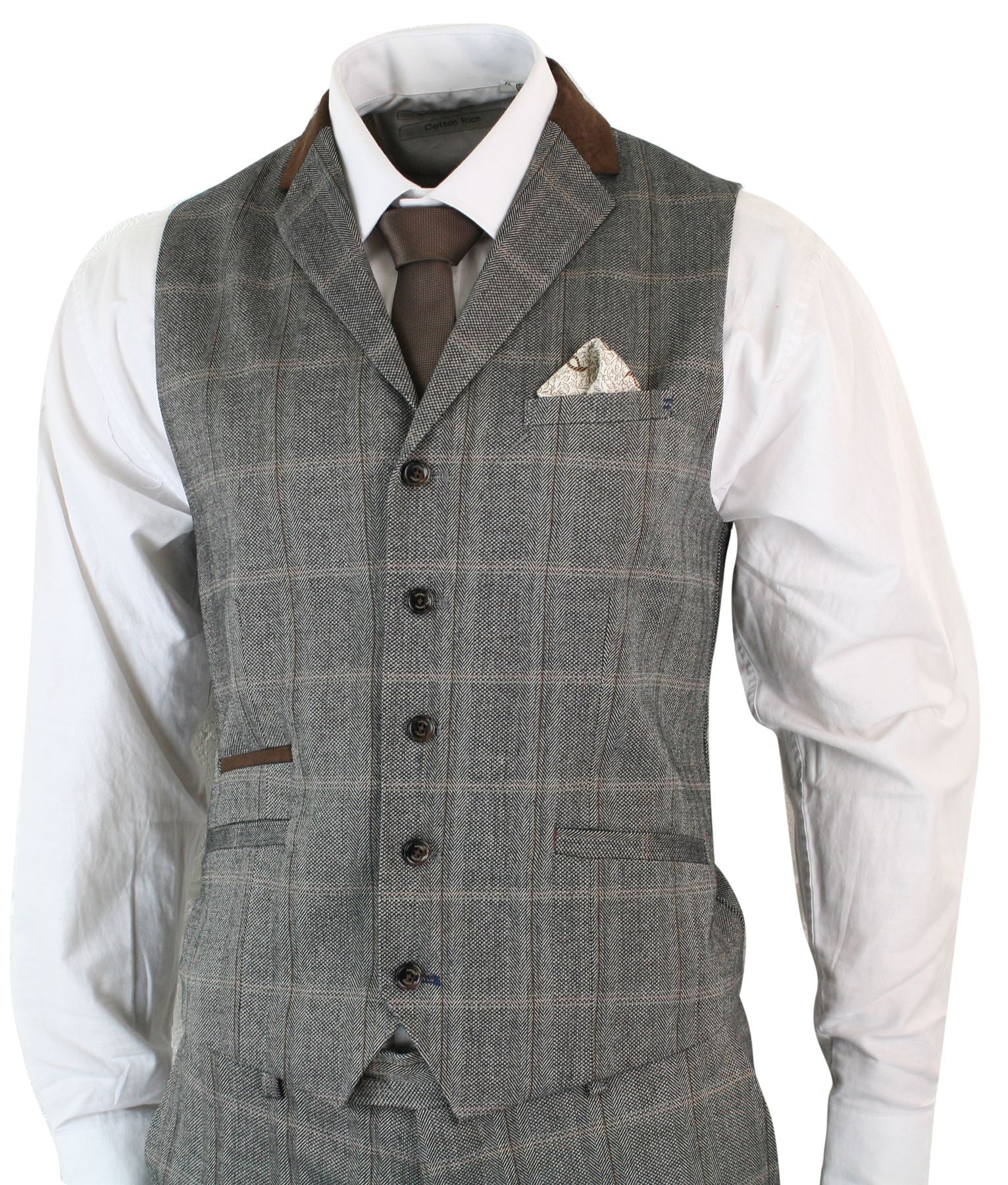 Mens Check Tweed 3 Piece Blue Navy Suit Vintage Retro Tailored Fit Prince Of Wales