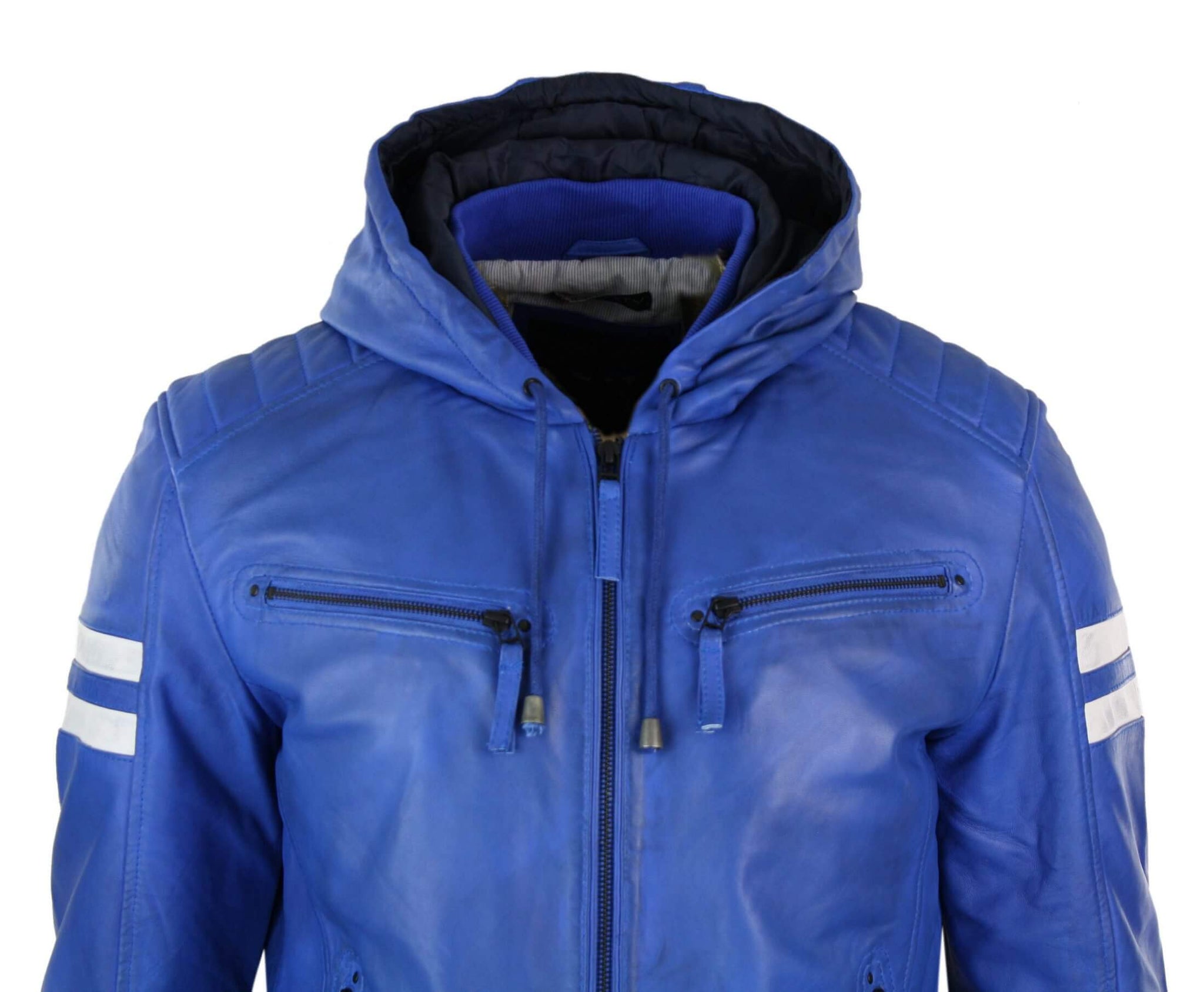 Men's Realy Leather Bomber Jacket with Hood-Blue