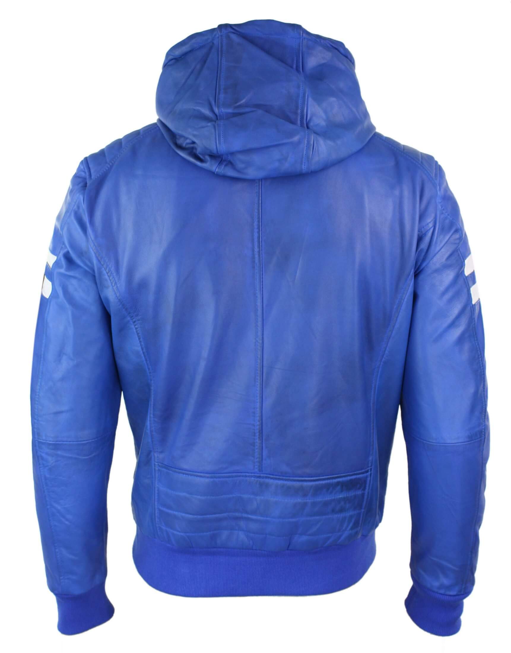 Men's Realy Leather Bomber Jacket with Hood-Blue