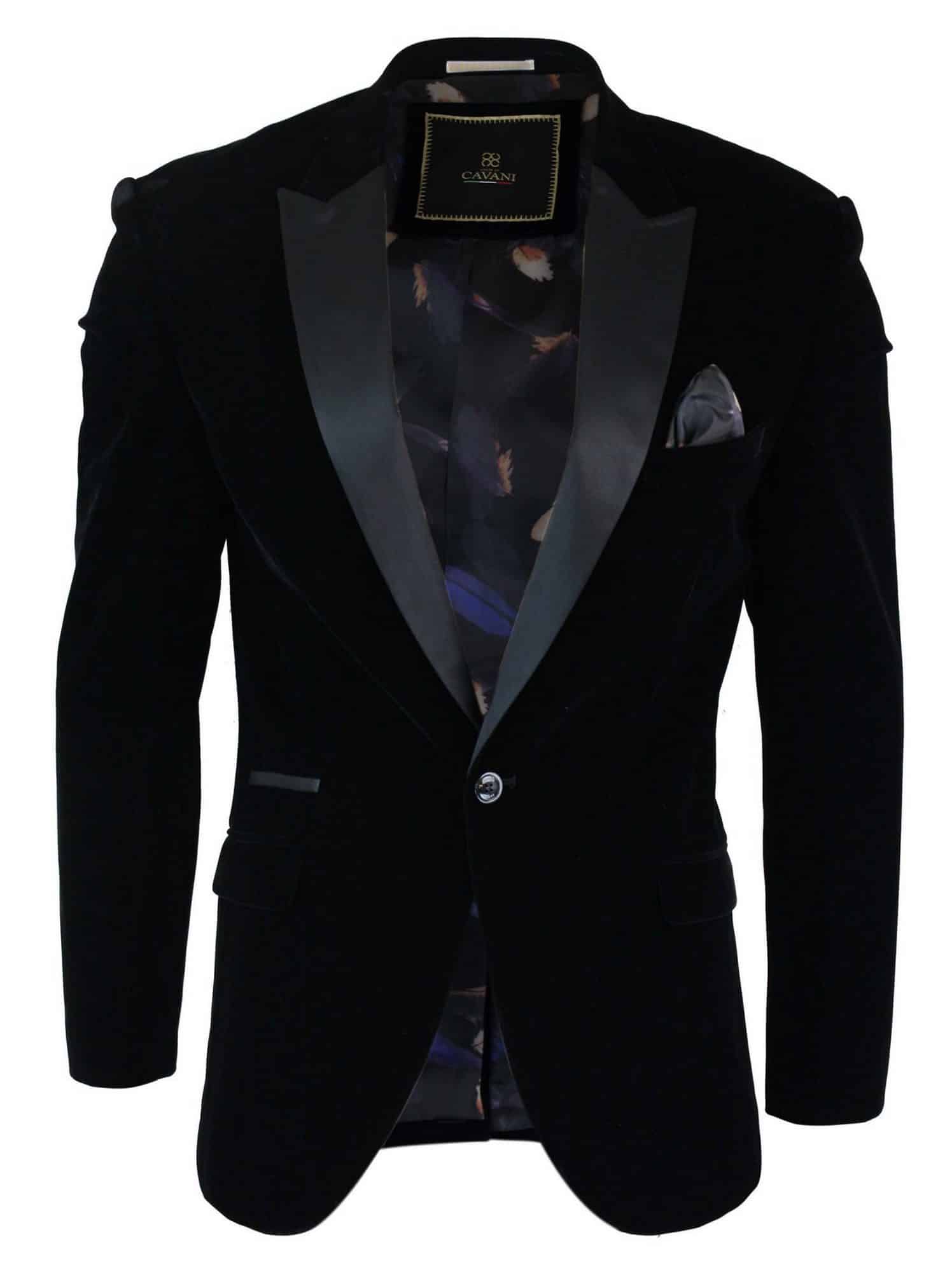 Cavani Rosa - Mens Soft Velvet Black Navy 1 Button Dinner Jacket Tuxedo Blazer Smart Casual Fit-Black