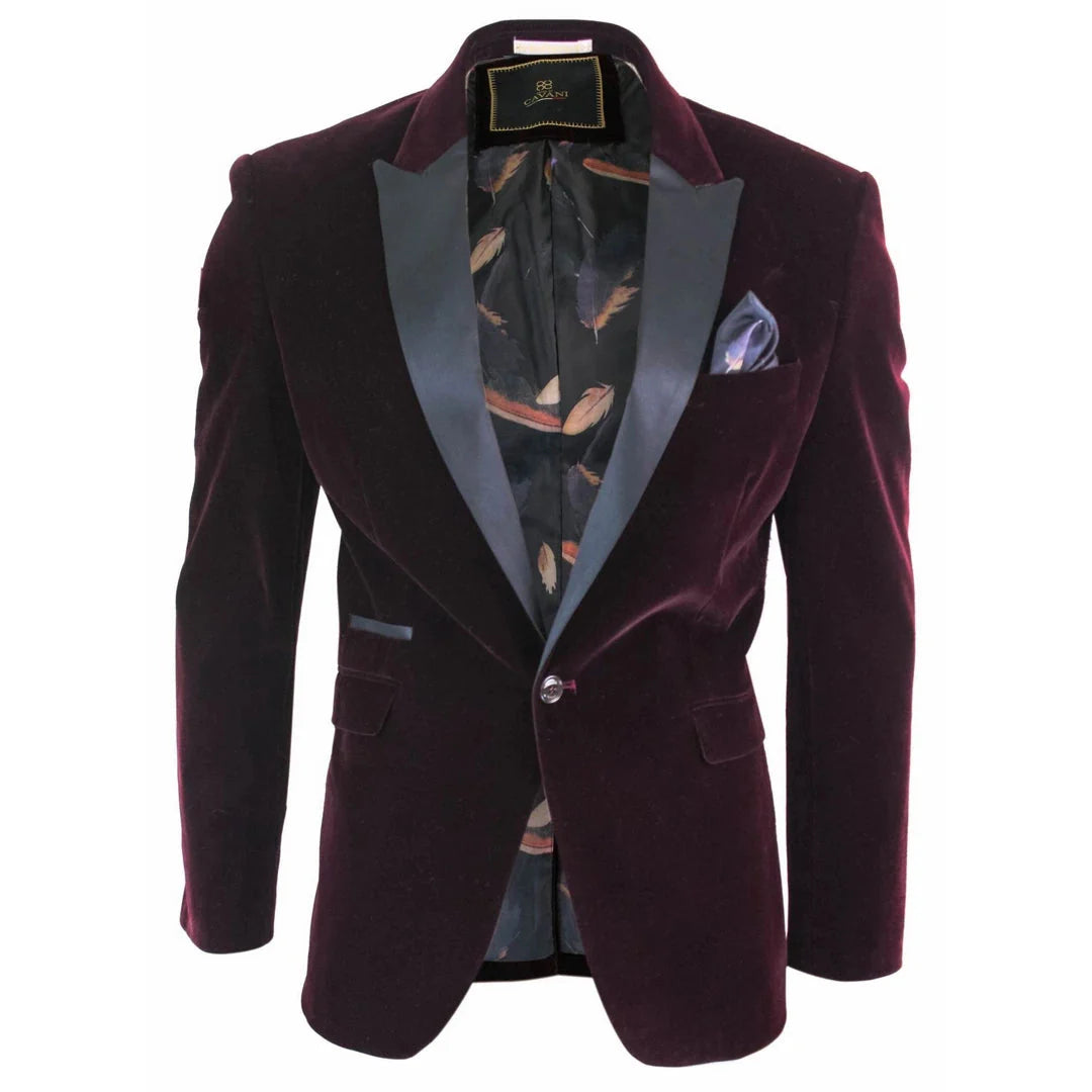 Rosa - Men's Soft Velvet Black Burgundy 1 Button Dinner Jacket Tuxedo Blazer Fit