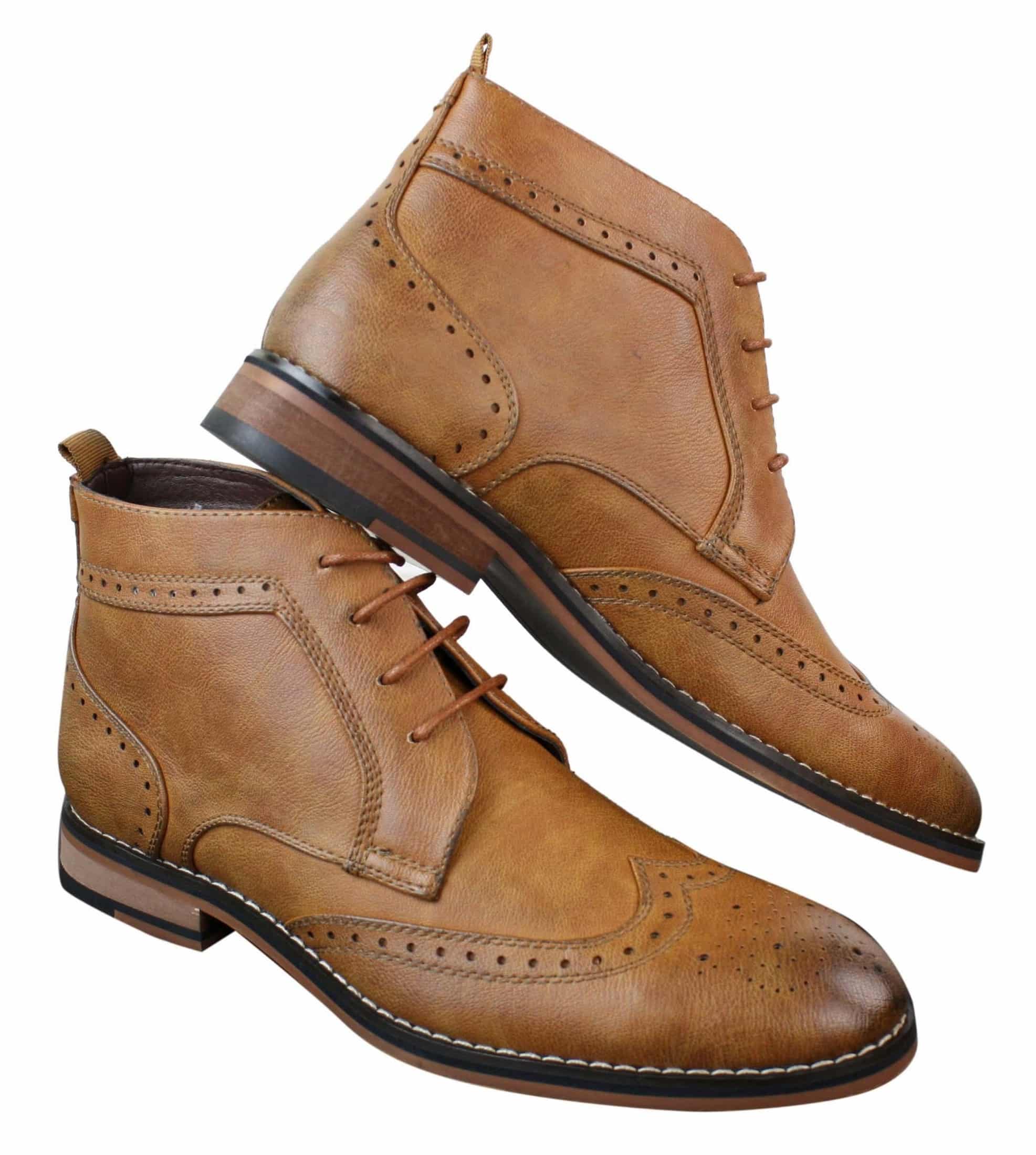 Mens Slip On & Laced Tan Brown Military Brouge Boots Smart Casual Leather Lined