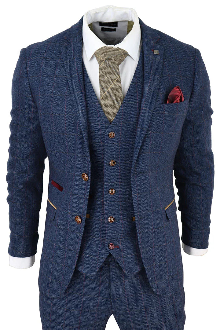 Scott Men's Blue 3-Piece Tweed Check Suit
