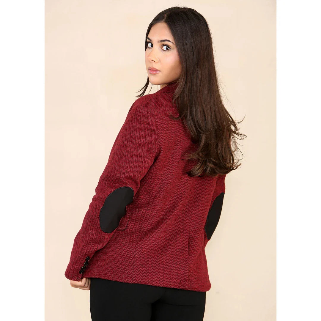 Dámské tvídové sako s motivem rybí kosti, vínově červené, klasické z 20. let