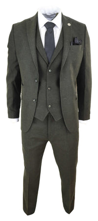 Mens Olive Green Wool Tweed 3 Piece Suit - STZ11