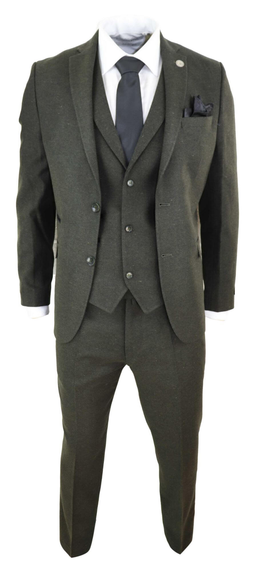 Mens Olive Green Wool Tweed 3 Piece Suit - STZ11