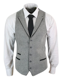 Mens Waistcoat Wool Check Herringbone Tweed Brown Black Classic Vintage Fit