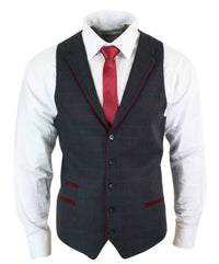 Mens Waistcoat Wool Olive Green with Red Blue Brown Check Tweed Classic Vintage Tailored Fit