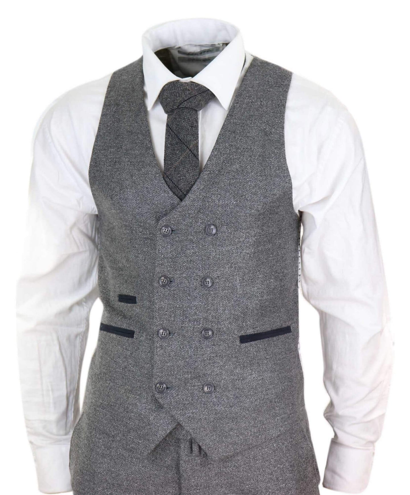 Mens 3 Piece Grey Suit with Double Breasted Waistcoat