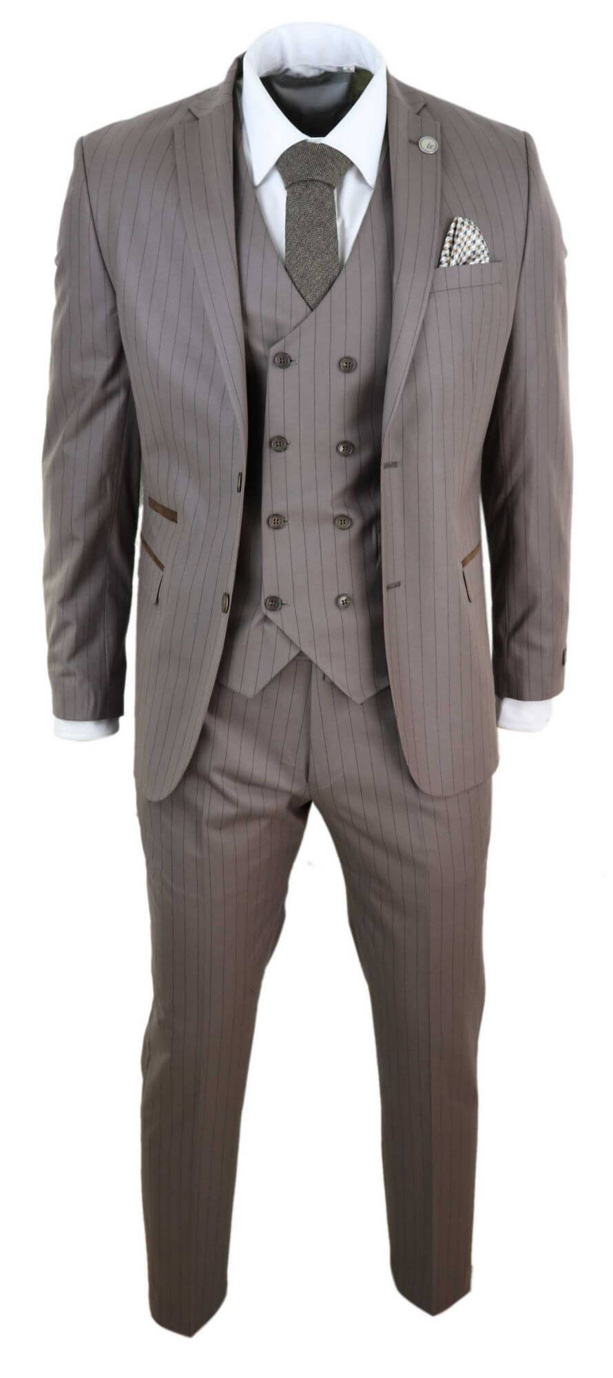 Mens 3 Piece Pinstripe Beige Suit