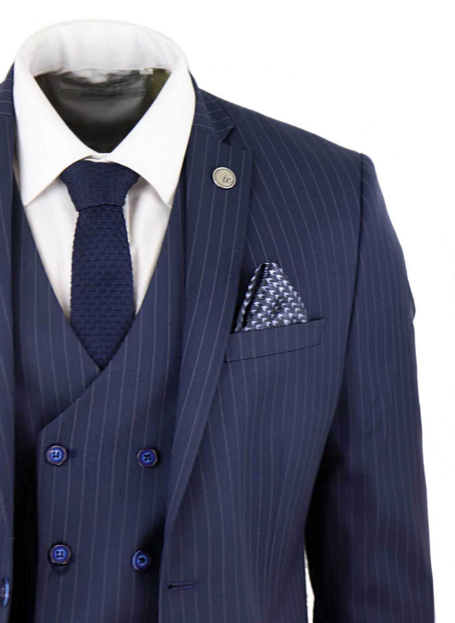 Mens 3 Piece Pinstripe Navy-Blue Suit