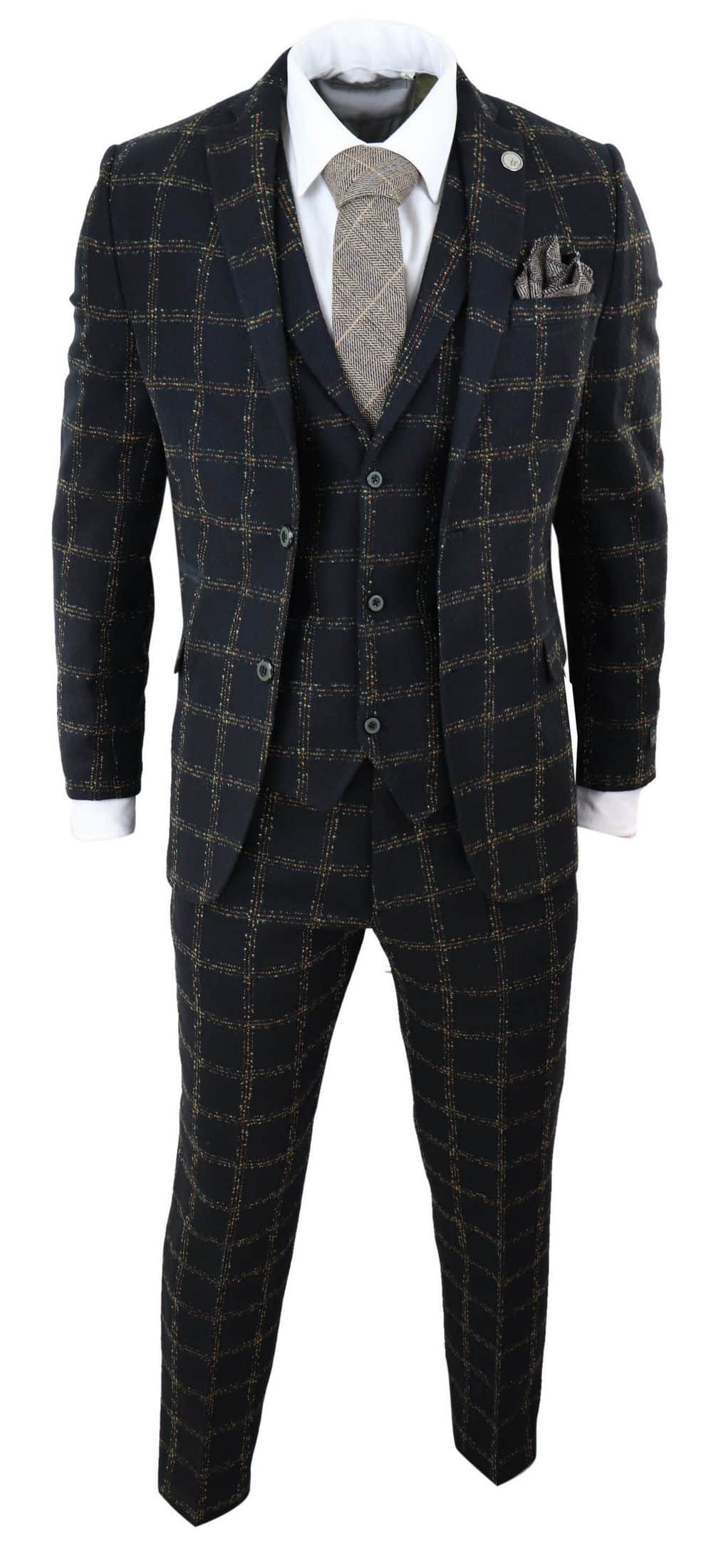 Mens Black - Tan Check Tweed 3 Piece Suit
