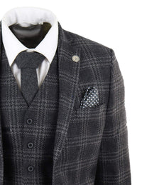 Mens Charcoal-Grey Check Tweed 3 Piece Suit