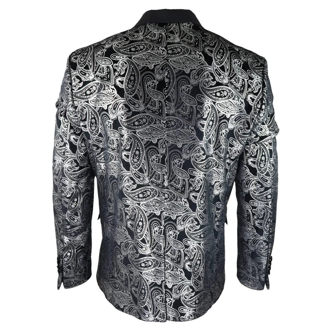 STZ64-65 - Men's Velvet Paisley Floral Blazer Silver Black Tuxedo Jacket