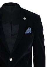 Mens Velvet Blazer Suit Jacket 2 Button Dinner Smart Casual Formal Tailored Fit - Black
