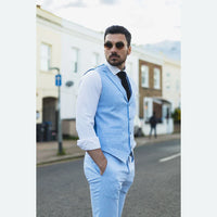 TP-13 - Men's Summer Suit Waistcoat Trousers Linen Formal Baby Blue Wedding