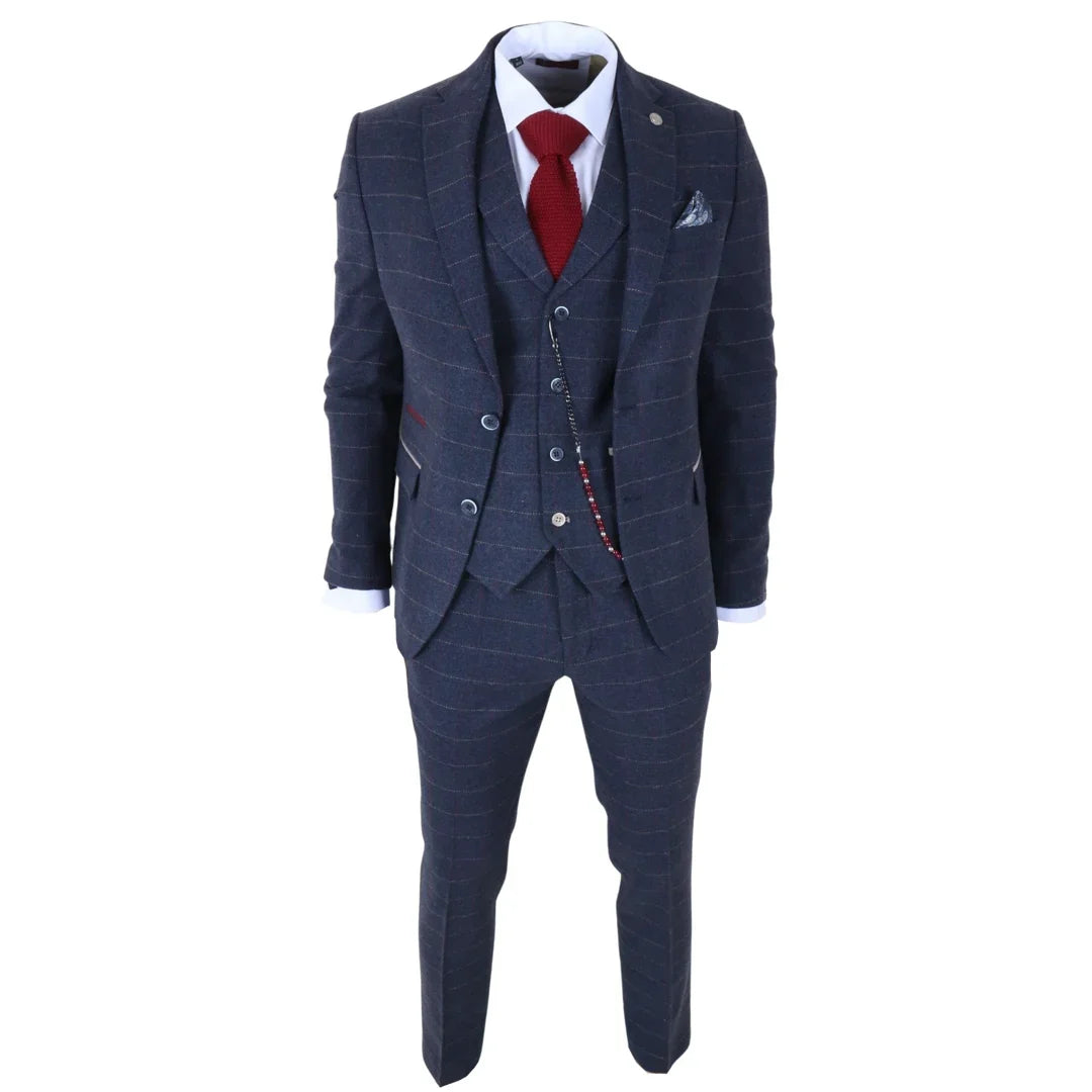 TP-32 - Pánský třídílný oblek z vlněné směsi ve stylu Gatsby, tmavě modrý