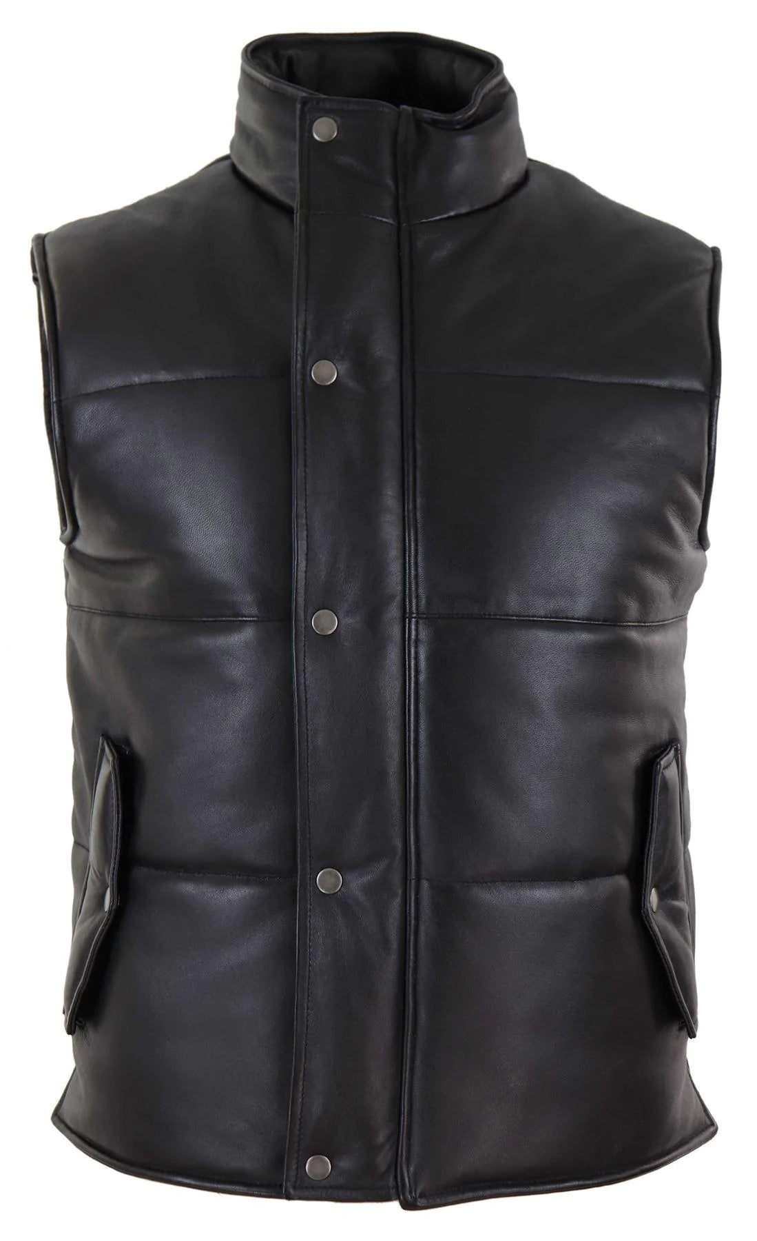 Mens Real Leather Waistcoat Gilet Quilted Puffer Design Warm Zip Casual Black