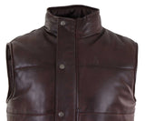 Mens Real Leather Waistcoat Gilet Quilted Puffer Design Warm Zip Casual Brown