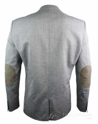 Mens Tailored Blazer Jacket Grey Blue Trim Pocket Design Brown Elbow Patch