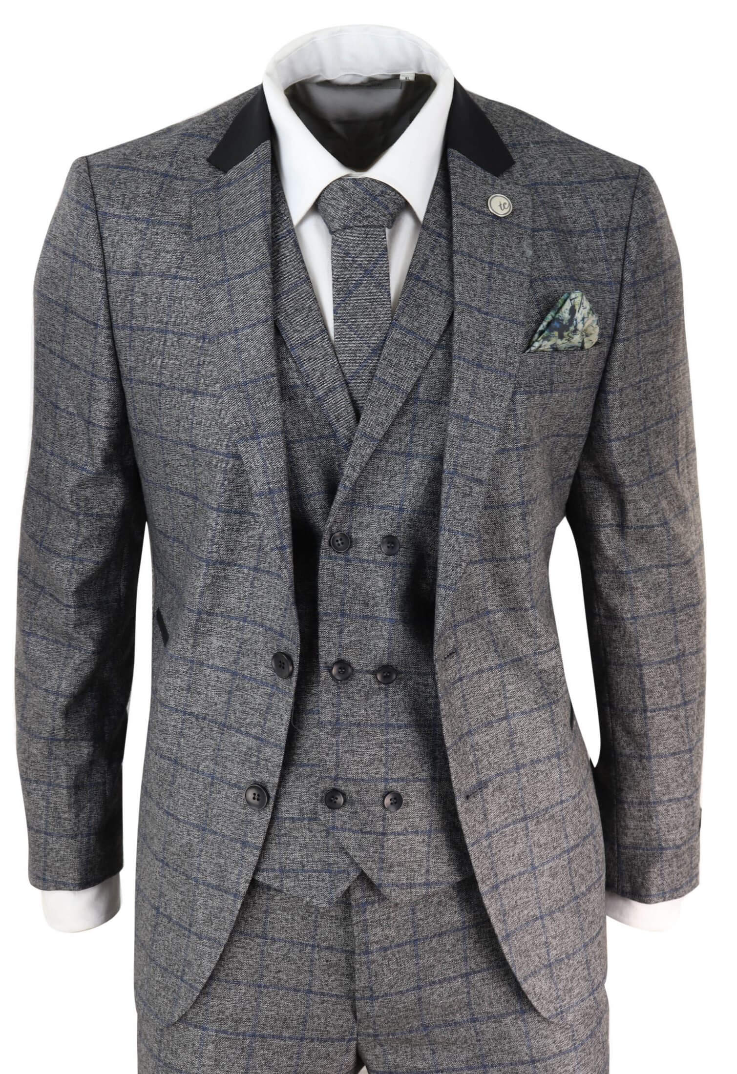Mens Grey Blue Check 3 Piece Suit
