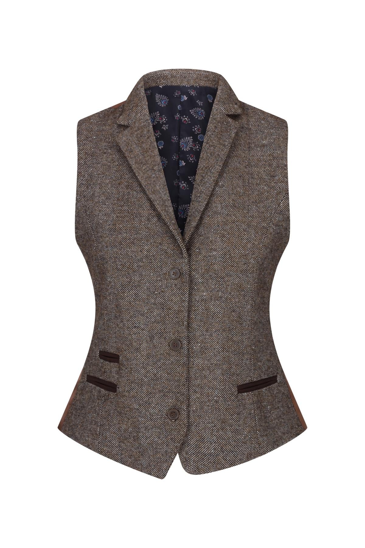 Womens Waistcoat 1920s Vintage Blinders Tan Brown Herringbone Tailored Fit